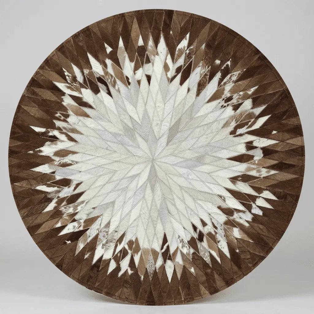 Tapis rond brun et blanc présenté vu du dessus sur fond clair.