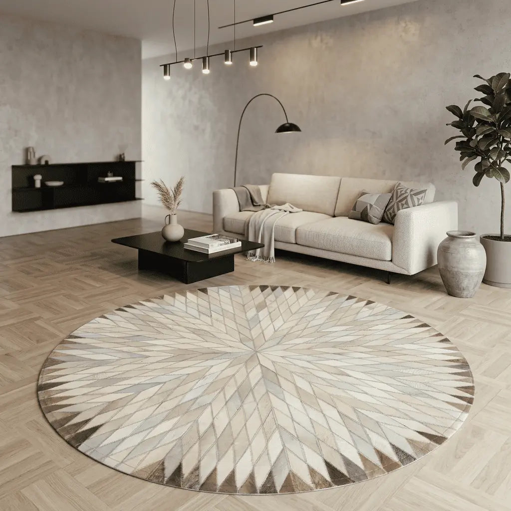 Tapis rond AURÉOLE disposé dans un salon contemporain aux tons neutres.
