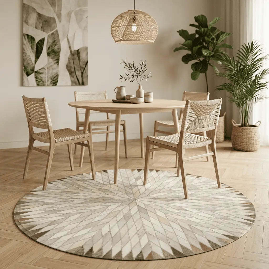 Tapis rond beige et écru à motif floral rayonnant, installé dans une salle à manger lumineuse.