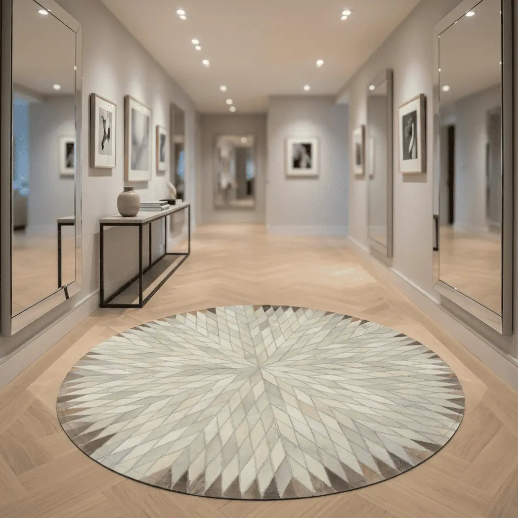 Tapis rond placé dans un couloir élégant aux murs décorés de miroirs.