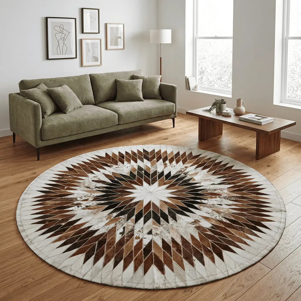Tapis rond CONSTELLATION marron, noir et blanc à motif étoilé, installé dans un salon lumineux.