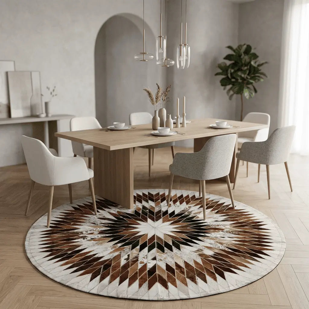 Tapis rond placé sous une table à manger dans une salle à manger élégante.
