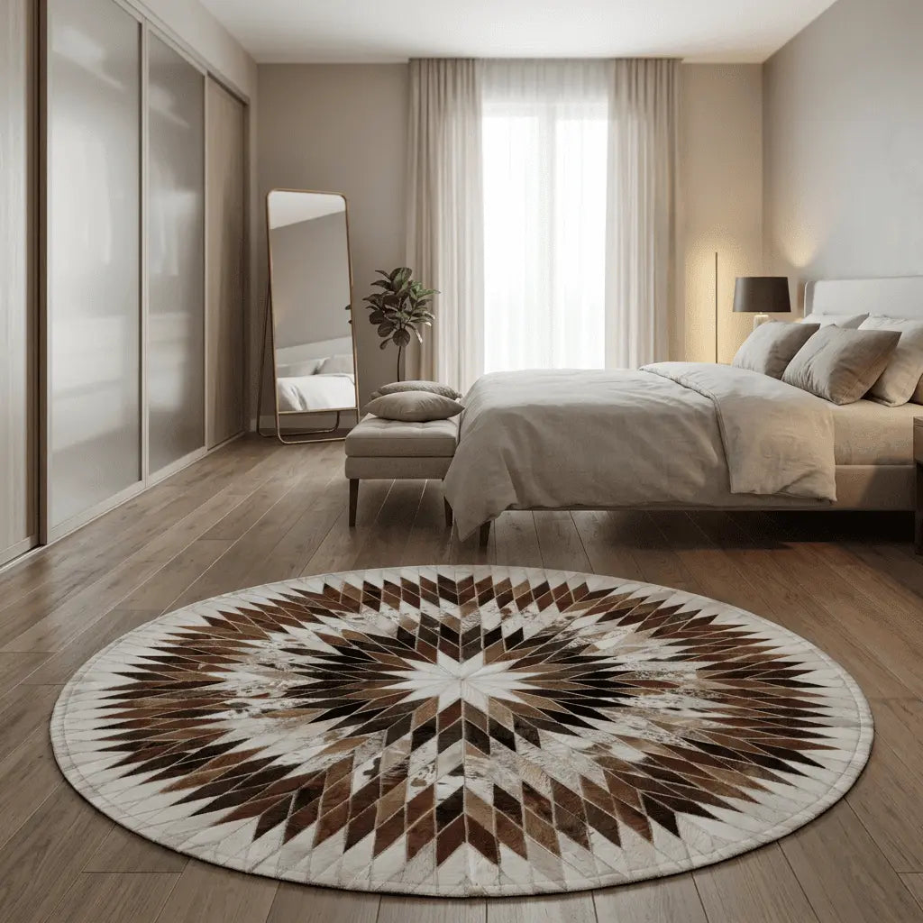 Tapis rond disposé dans une chambre contemporaine aux tons neutres.