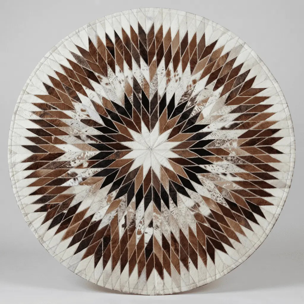 Tapis rond marron et blanc présenté vu du dessus sur fond clair.